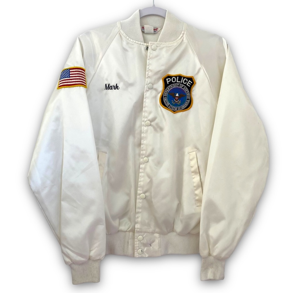 Vintage Police Bomber Jacket with Patches White Size Mens Medium